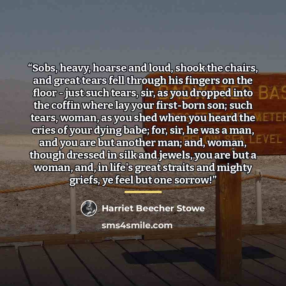 “Sobs, heavy, hoarse and loud, shook the chairs, and great tears fell through his fingers on the floor - just such tears, sir, as you dropped into the coffin where lay your first-born son; such tears, woman, as you shed when you heard the cries of your dying babe; for, sir, he was a man, and you…” quote by Harriet Beecher Stowe