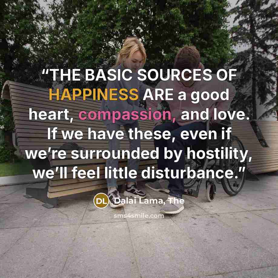 “THE BASIC SOURCES OF HAPPINESS ARE a good heart, compassion, and love. If we have these, even if we’re surrounded by hostility, we’ll feel little disturbance.” quote by Dalai Lama, The