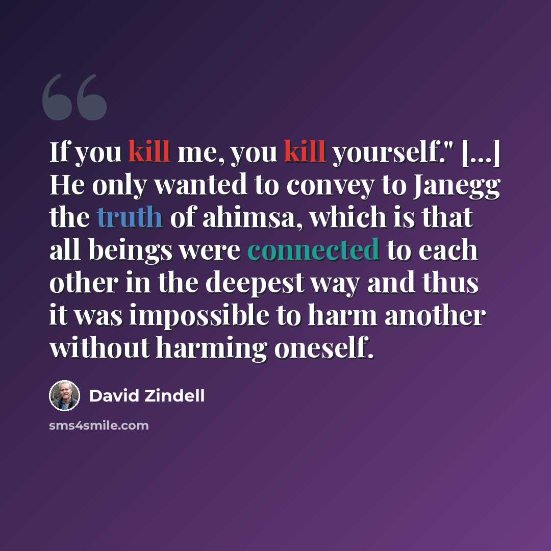 “If you kill me, you kill yourself." [...] He only wanted to convey to Janegg the truth of ahimsa, which is that all beings were connected to each other in the deepest way and thus it was impossible to harm another without harming oneself.” quote by David Zindell