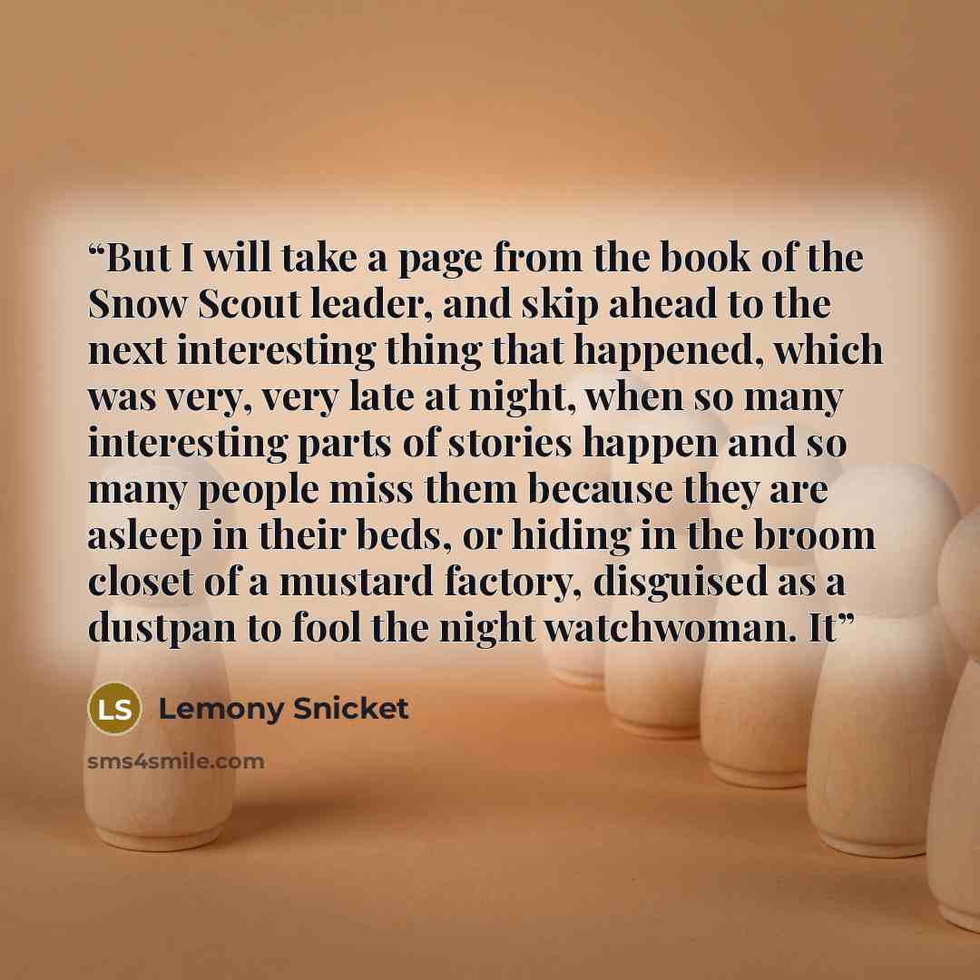 “But I will take a page from the book of the Snow Scout leader, and skip ahead to the next interesting thing that happened, which was very, very late at night, when so many interesting parts of stories happen and so many people miss them because they are asleep in their beds, or hiding in the broom…” quote by Lemony Snicket