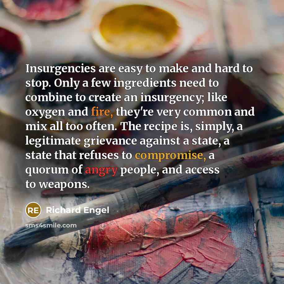 “Insurgencies are easy to make and hard to stop. Only a few ingredients need to combine to create an insurgency; like oxygen and fire, they're very common and mix all too often. The recipe is, simply, a legitimate grievance against a state, a state that refuses to compromise, a quorum of angry…” quote by Richard Engel