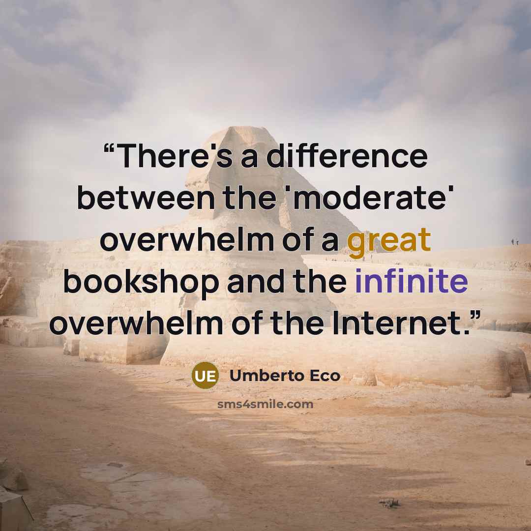 “There's a difference between the 'moderate' overwhelm of a great bookshop and the infinite overwhelm of the Internet.” quote by Umberto Eco