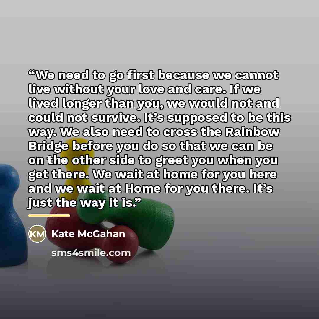 “We need to go first because we cannot live without your love and care. If we lived longer than you, we would not and could not survive. It’s supposed to be this way. We also need to cross the Rainbow Bridge before you do so that we can be on the other side to greet you when you get there. We wait…” quote by Kate McGahan