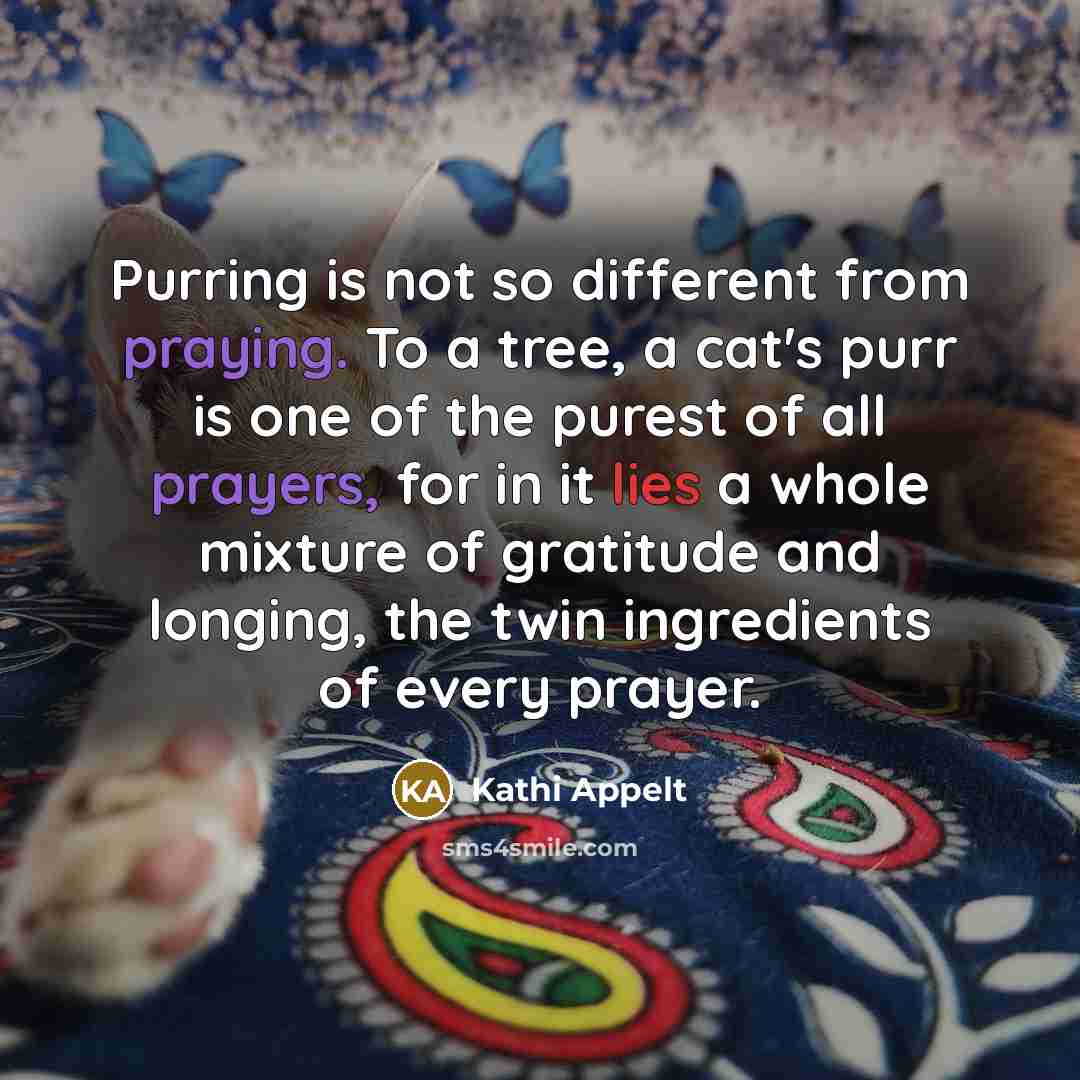 “Purring is not so different from praying. To a tree, a cat's purr is one of the purest of all prayers, for in it lies a whole mixture of gratitude and longing, the twin ingredients of every prayer.” quote by Kathi Appelt