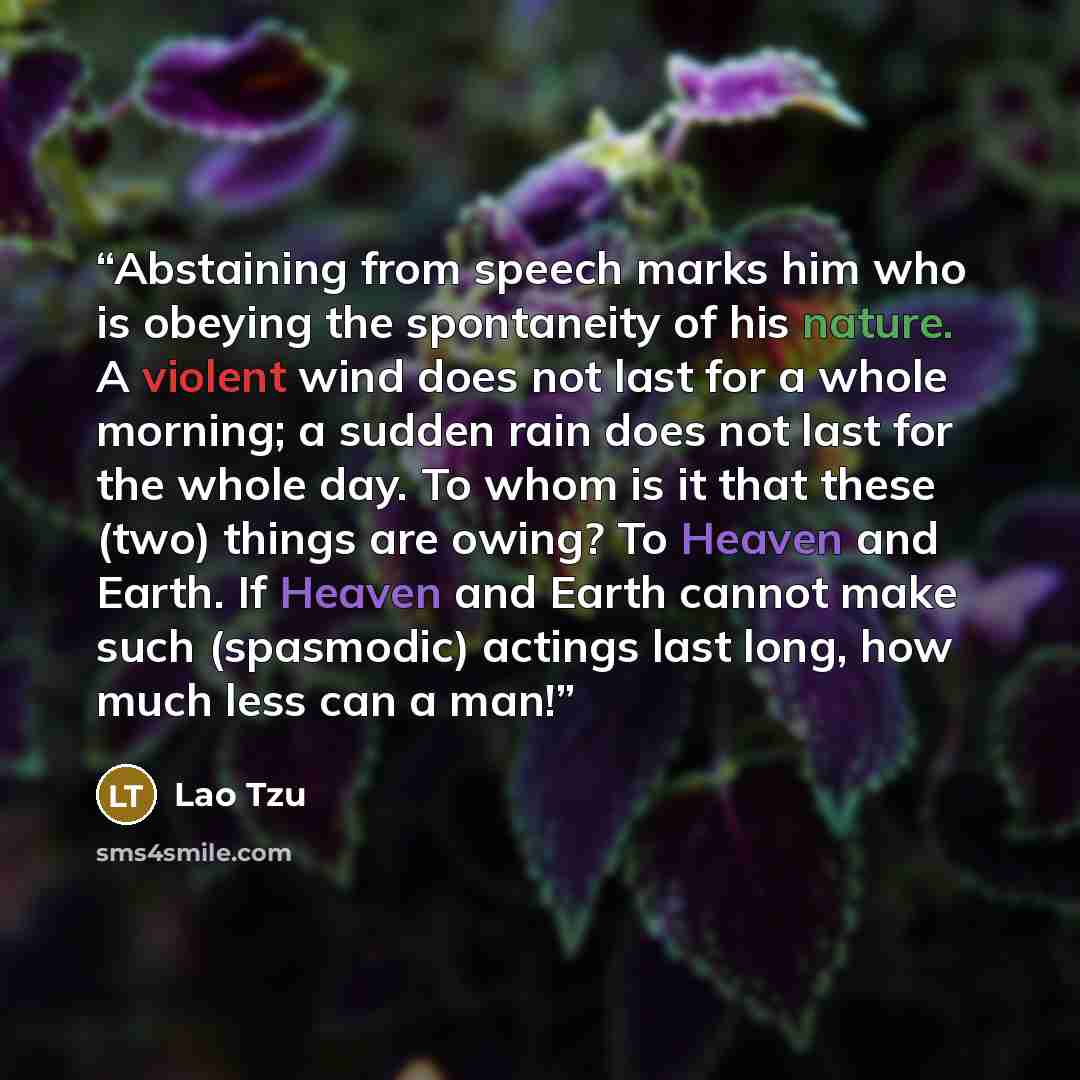 “Abstaining from speech marks him who is obeying the spontaneity of his nature. A violent wind does not last for a whole morning; a sudden rain does not last for the whole day. To whom is it that these (two) things are owing? To Heaven and Earth. If Heaven and Earth cannot make such (spasmodic)…” quote by Lao Tzu