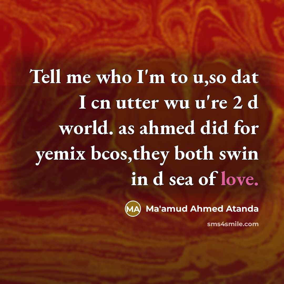 “Tell me who I'm to u,so dat I cn utter wu u're 2 d world. as ahmed did for yemix bcos,they both swin in d sea of love.” quote by Ma'amud Ahmed Atanda