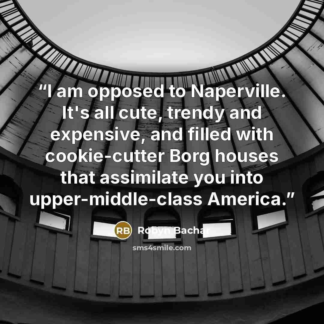 “I am opposed to Naperville. It's all cute, trendy and expensive, and filled with cookie-cutter Borg houses that assimilate you into upper-middle-class America.” quote by Robyn Bachar