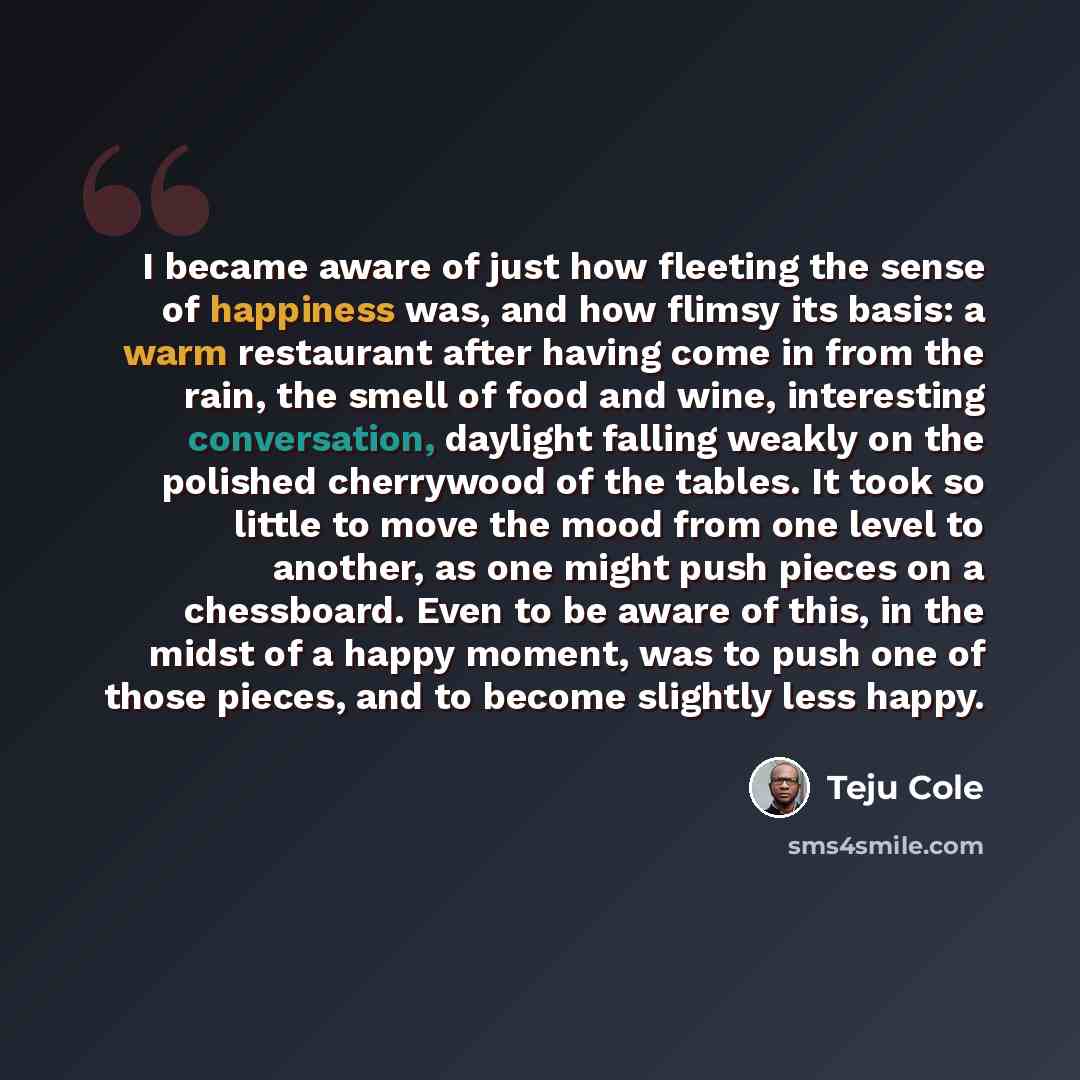 “I became aware of just how fleeting the sense of happiness was, and how flimsy its basis: a warm restaurant after having come in from the rain, the smell of food and wine, interesting conversation, daylight falling weakly on the polished cherrywood of the tables. It took so little to move the mood…” quote by Teju Cole