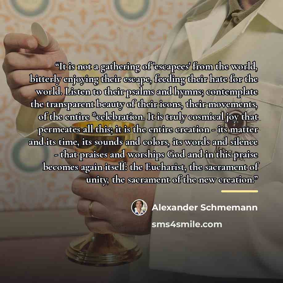 “It is not a gathering of 'escapees' from the world, bitterly enjoying their escape, feeding their hate for the world. Listen to their psalms and hymns; contemplate the transparent beauty of their icons, their movements, of the entire *celebration. It is truly cosmical joy that permeates all this…” quote by Alexander Schmemann