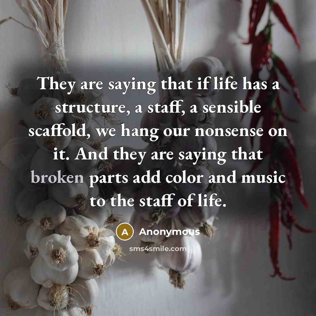 “They are saying that if life has a structure, a staff, a sensible scaffold, we hang our nonsense on it. And they are saying that broken parts add color and music to the staff of life.” quote by Anonymous