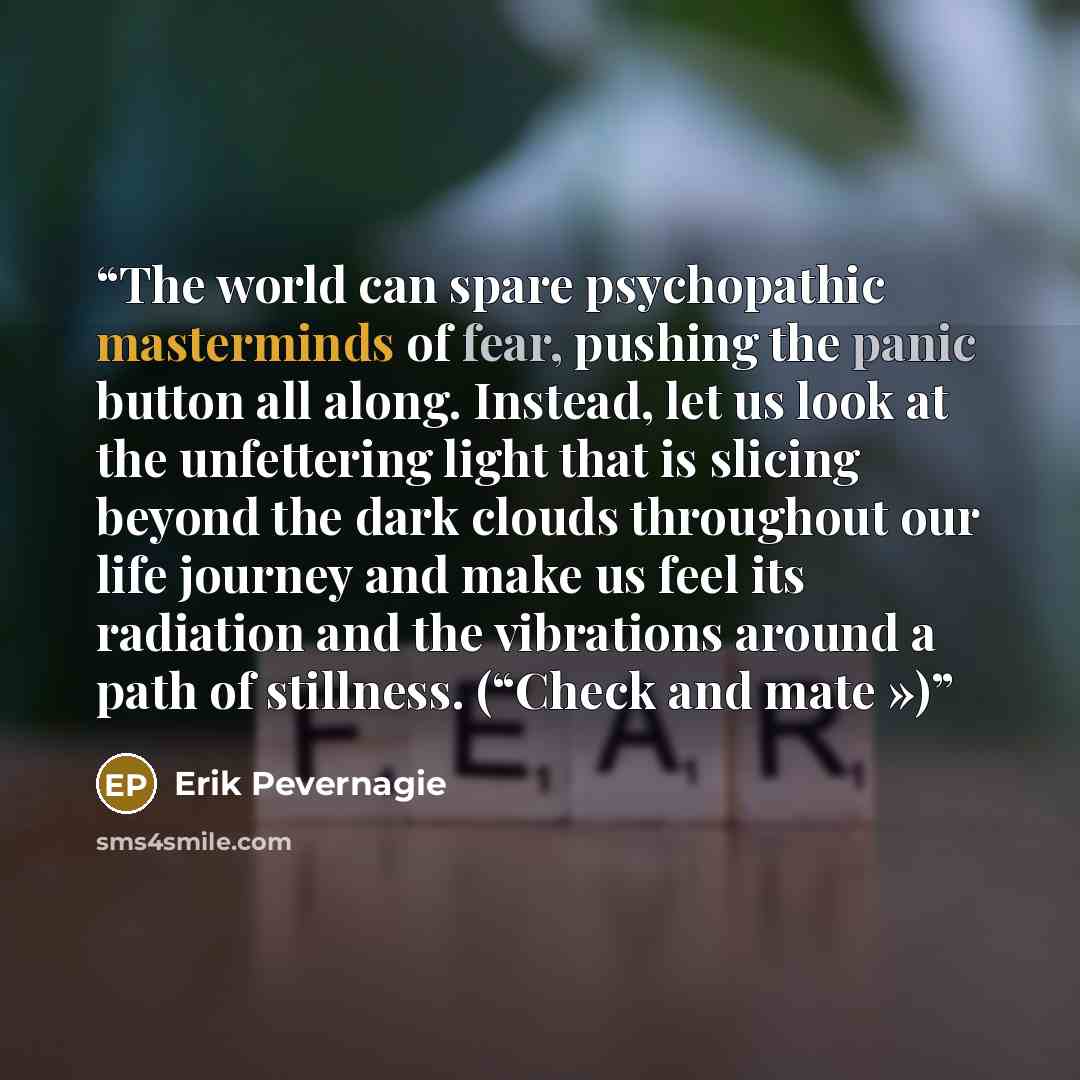 “The world can spare psychopathic masterminds of fear, pushing the panic button all along. Instead, let us look at the unfettering light that is slicing beyond the dark clouds throughout our life journey and make us feel its radiation and the vibrations around a path of stillness. (“Check and mate »)” quote by Erik Pevernagie