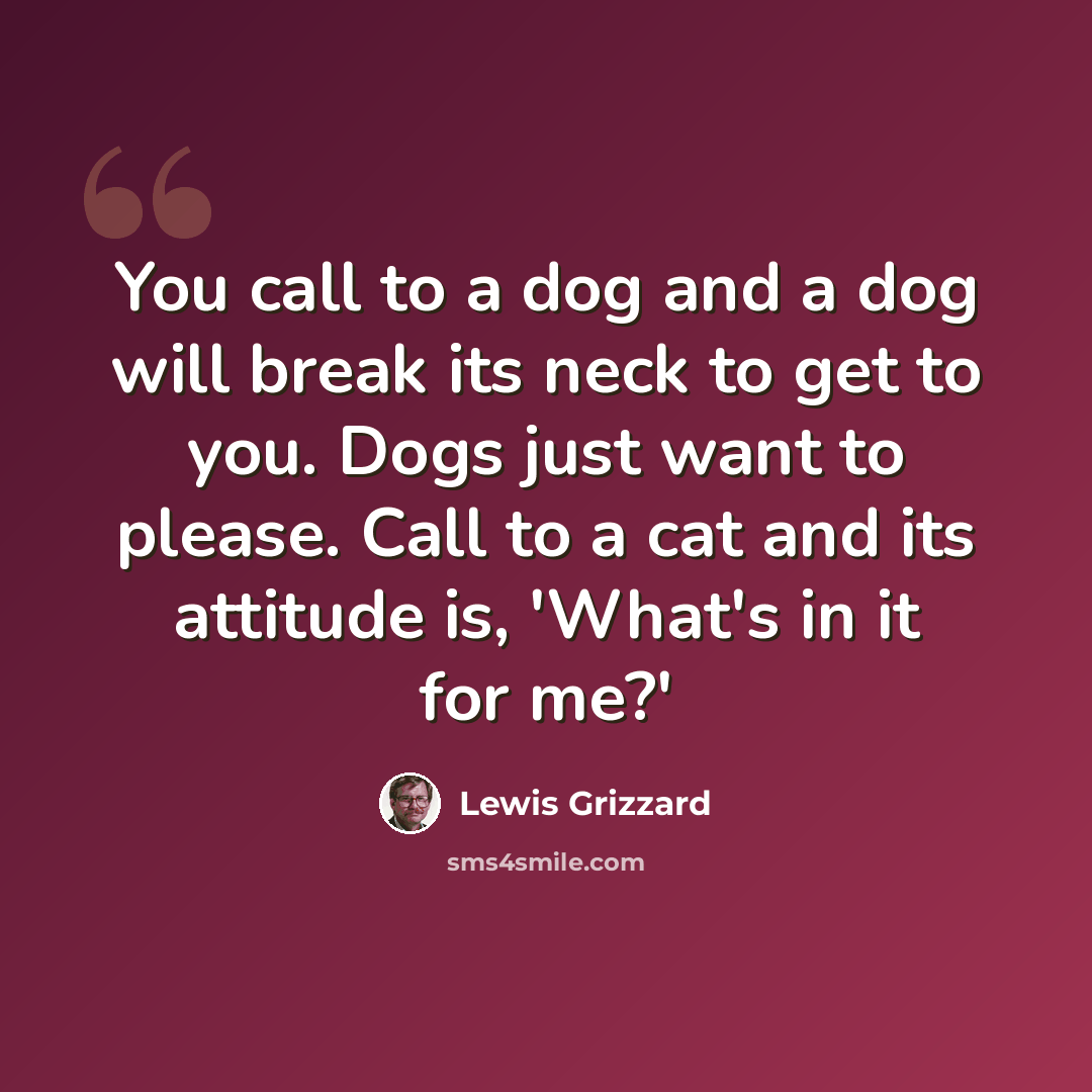 “You call to a dog and a dog will break its neck to get to you. Dogs just want to please. Call to a cat and its attitude is, 'What's in it for me?'” quote by Lewis Grizzard
