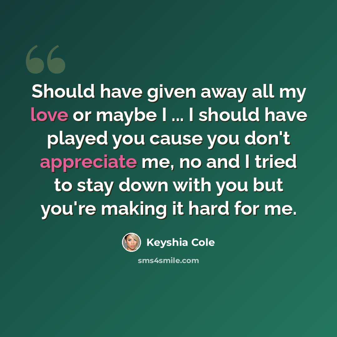“Should have given away all my love or maybe I ... I should have played you cause you don't appreciate me, no and I tried to stay down with you but you're making it hard for me.” quote by Keyshia Cole