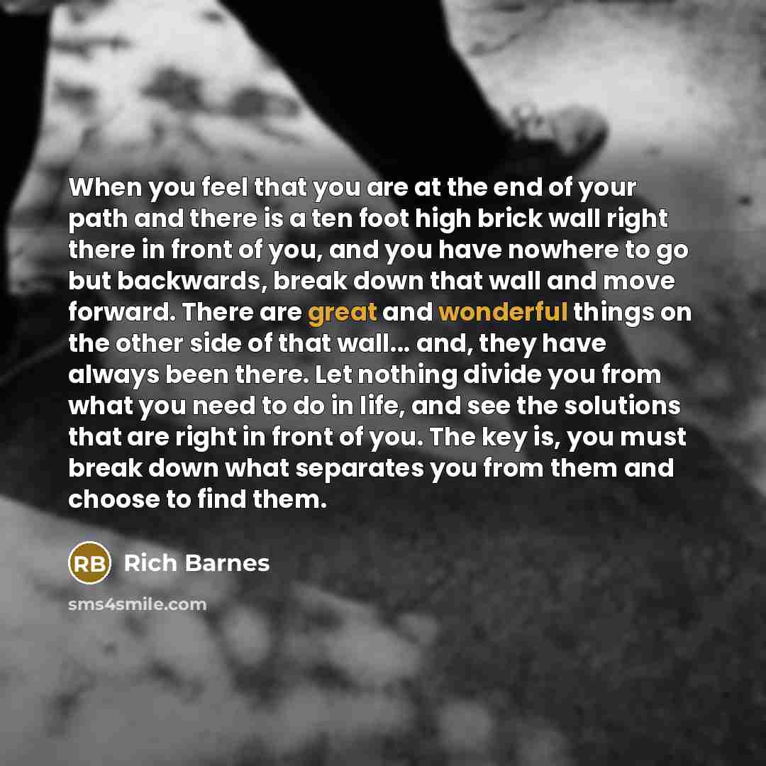 “When you feel that you are at the end of your path and there is a ten foot high brick wall right there in front of you, and you have nowhere to go but backwards, break down that wall and move forward. There are great and wonderful things on the other side of that wall... and, they have always been…” quote by Rich Barnes
