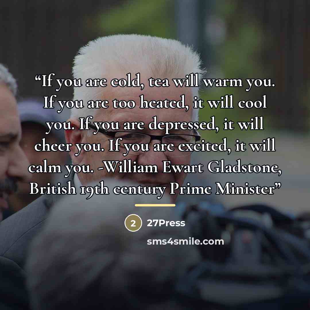“If you are cold, tea will warm you. If you are too heated, it will cool you. If you are depressed, it will cheer you. If you are excited, it will calm you. -William Ewart Gladstone, British 19th century Prime Minister” quote by 27Press