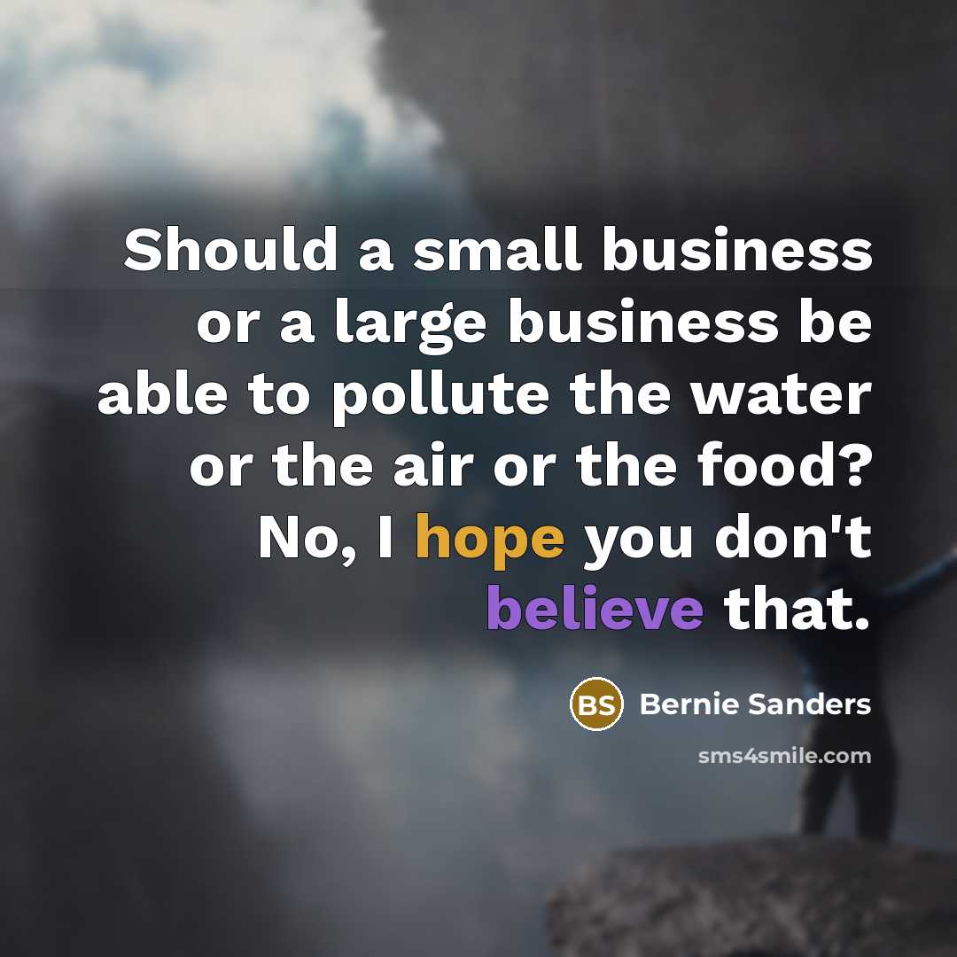 “Should a small business or a large business be able to pollute the water or the air or the food? No, I hope you don't believe that.” quote by Bernie Sanders