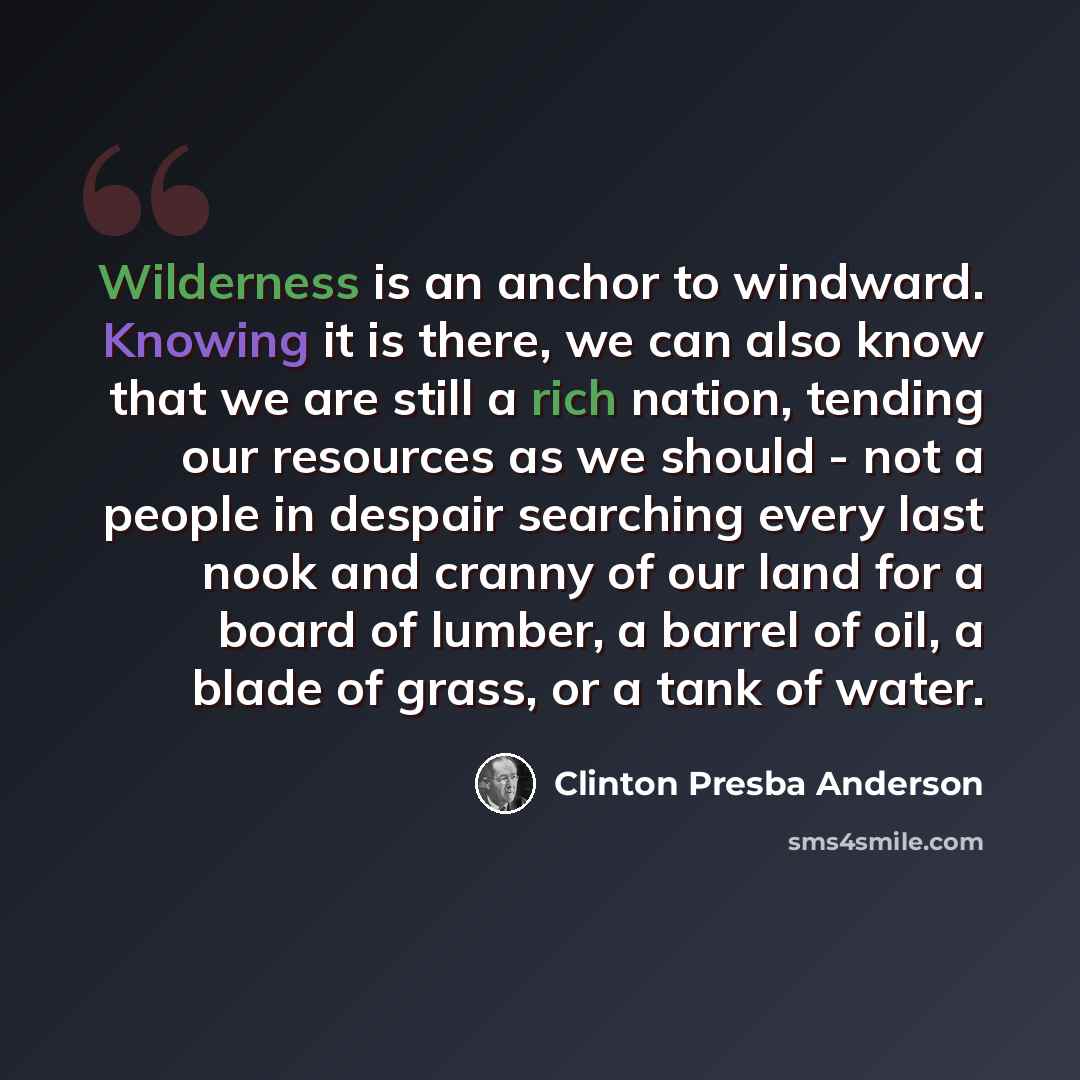“Wilderness is an anchor to windward. Knowing it is there, we can also know that we are still a rich nation, tending our resources as we should - not a people in despair searching every last nook and cranny of our land for a board of lumber, a barrel of oil, a blade of grass, or a tank of water.” quote by Clinton Presba Anderson
