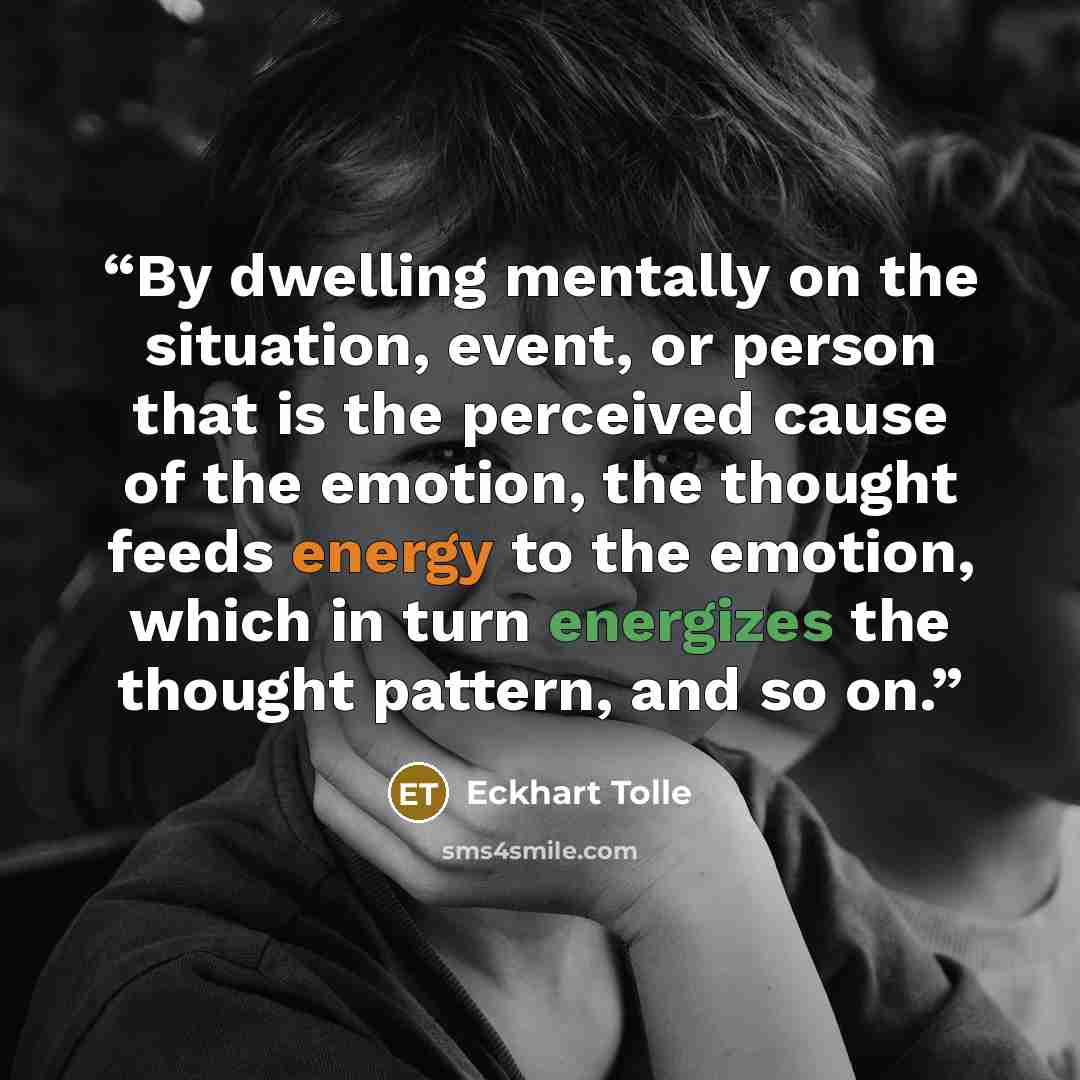 “By dwelling mentally on the situation, event, or person that is the perceived cause of the emotion, the thought feeds energy to the emotion, which in turn energizes the thought pattern, and so on.” quote by Eckhart Tolle