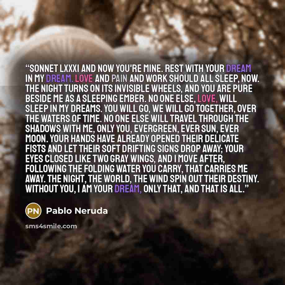 “Sonnet LXXXI And now you're mine. Rest with your dream in my dream. Love and pain and work should all sleep, now. The night turns on its invisible wheels, and you are pure beside me as a sleeping ember. No one else, Love, will sleep in my dreams. You will go, we will go together, over the waters…” quote by Pablo Neruda