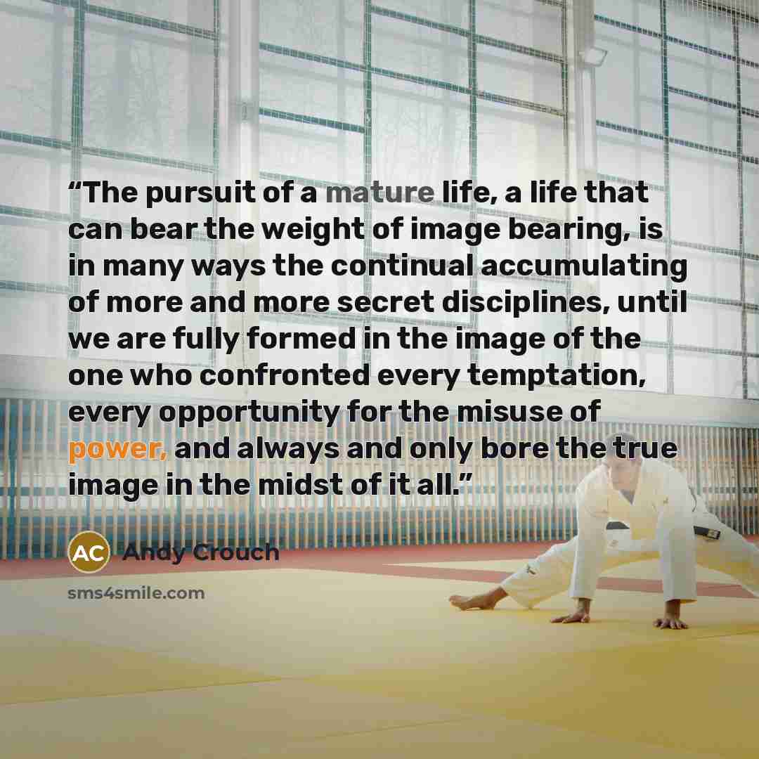 “The pursuit of a mature life, a life that can bear the weight of image bearing, is in many ways the continual accumulating of more and more secret disciplines, until we are fully formed in the image of the one who confronted every temptation, every opportunity for the misuse of power, and always…” quote by Andy Crouch
