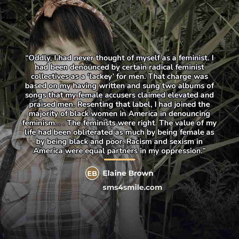 “Oddly, I had never thought of myself as a feminist. I had been denounced by certain radical feminist collectives as a ‘lackey’ for men. That charge was based on my having written and sung two albums of songs that my female accusers claimed elevated and praised men. Resenting that label, I had…” quote by Elaine Brown
