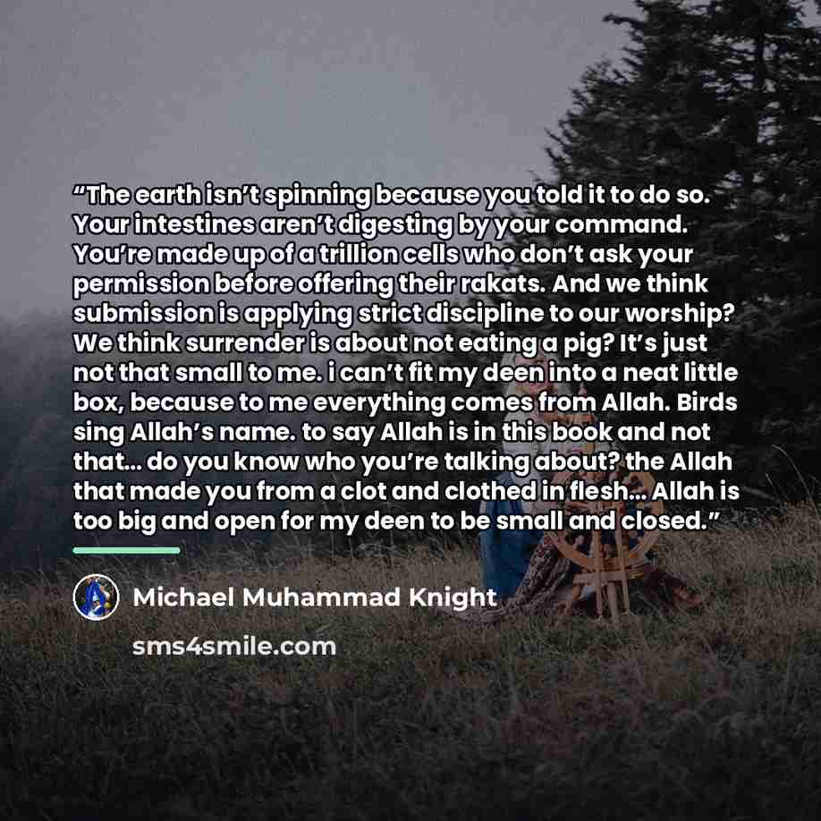 “The earth isn’t spinning because you told it to do so. Your intestines aren’t digesting by your command. You’re made up of a trillion cells who don’t ask your permission before offering their rakats. And we think submission is applying strict discipline to our worship? We think surrender is about…” quote by Michael Muhammad Knight