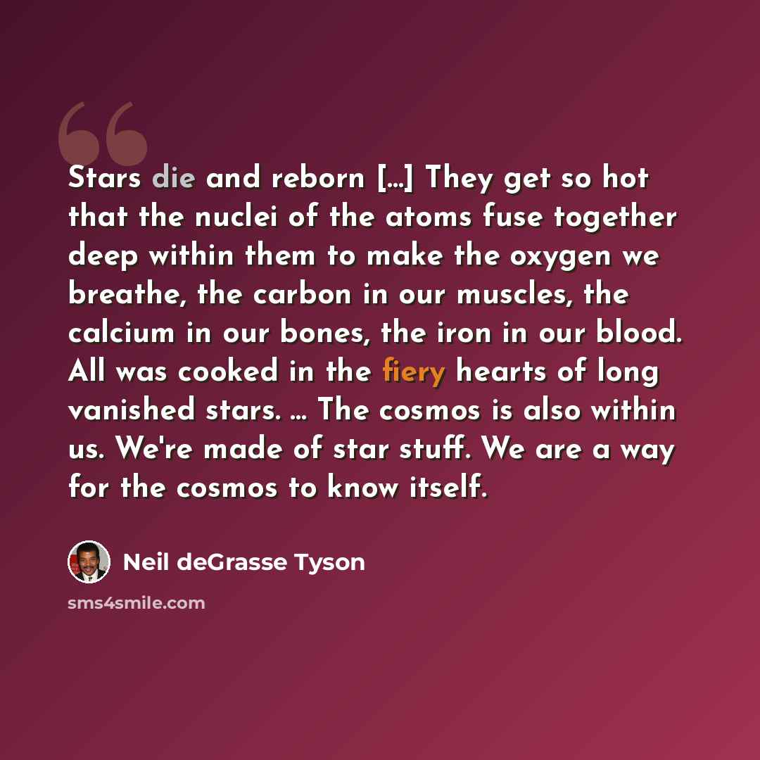 “Stars die and reborn […] They get so hot that the nuclei of the atoms fuse together deep within them to make the oxygen we breathe, the carbon in our muscles, the calcium in our bones, the iron in our blood. All was cooked in the fiery hearts of long vanished stars. … The cosmos is also within us…” quote by Neil deGrasse Tyson