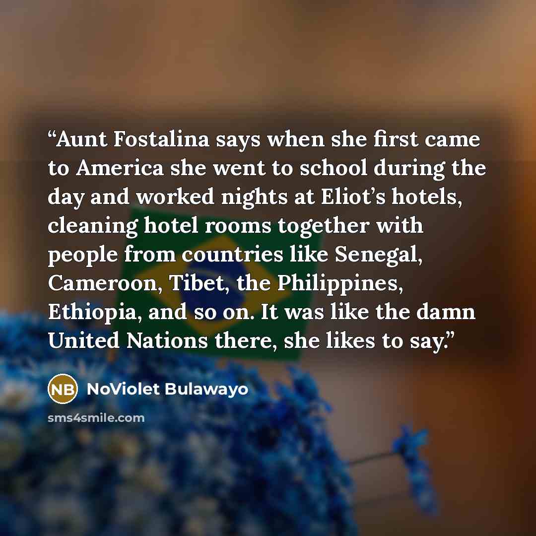 “Aunt Fostalina says when she first came to America she went to school during the day and worked nights at Eliot’s hotels, cleaning hotel rooms together with people from countries like Senegal, Cameroon, Tibet, the Philippines, Ethiopia, and so on. It was like the damn United Nations there, she…” quote by NoViolet Bulawayo