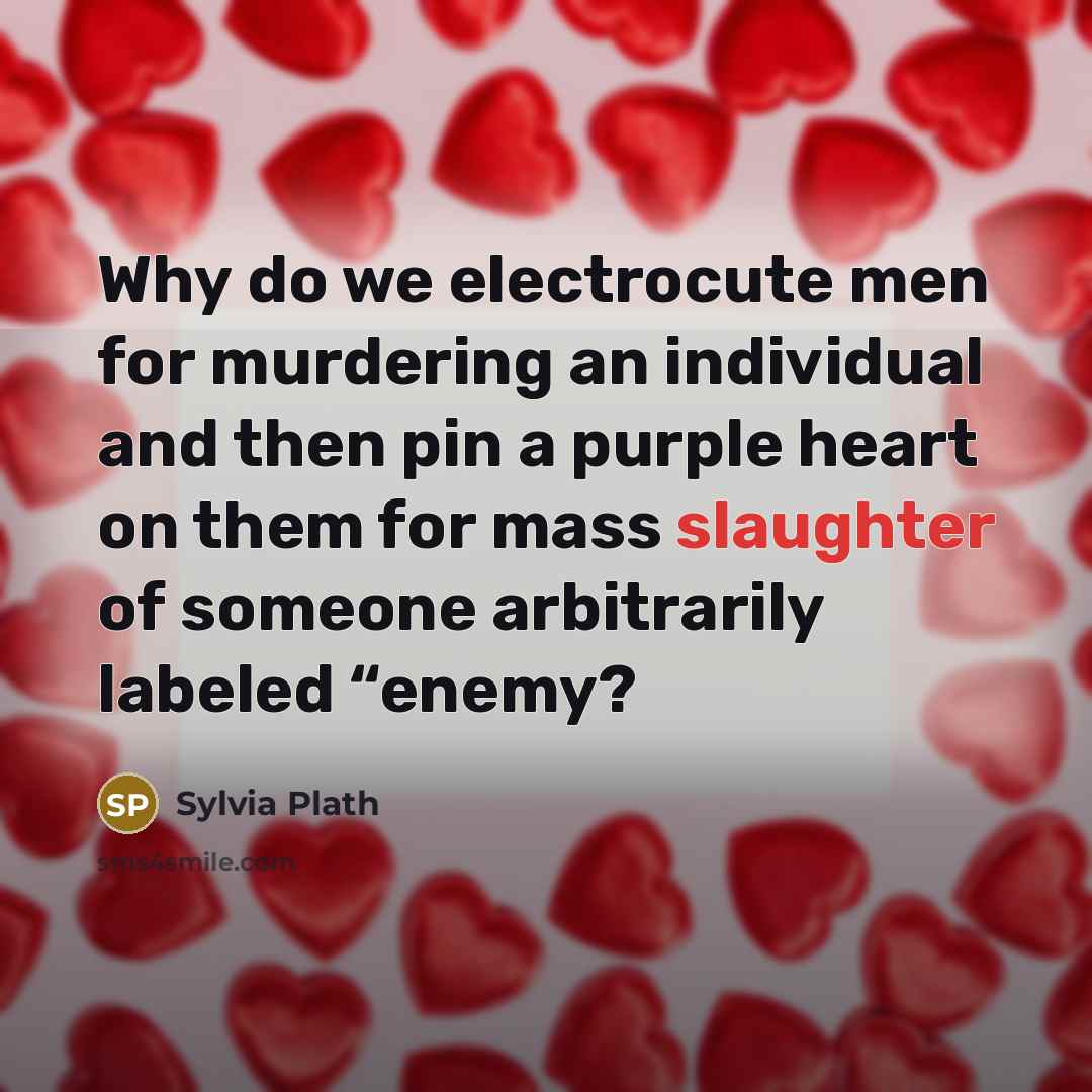 “Why do we electrocute men for murdering an individual and then pin a purple heart on them for mass slaughter of someone arbitrarily labeled “enemy?” quote by Sylvia Plath