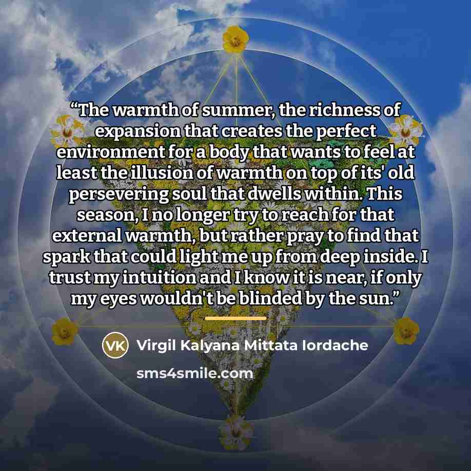 “The warmth of summer, the richness of expansion that creates the perfect environment for a body that wants to feel at least the illusion of warmth on top of its' old persevering soul that dwells within. This season, I no longer try to reach for that external warmth, but rather pray to find that…” quote by Virgil Kalyana Mittata Iordache