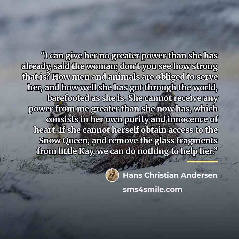 “I can give her no greater power than she has already, said the woman; don't you see how strong that is? How men and animals are obliged to serve her, and how well she has got through the world, barefooted as she is. She cannot receive any power from me greater than she now has, which consists in…” quote by Hans Christian Andersen