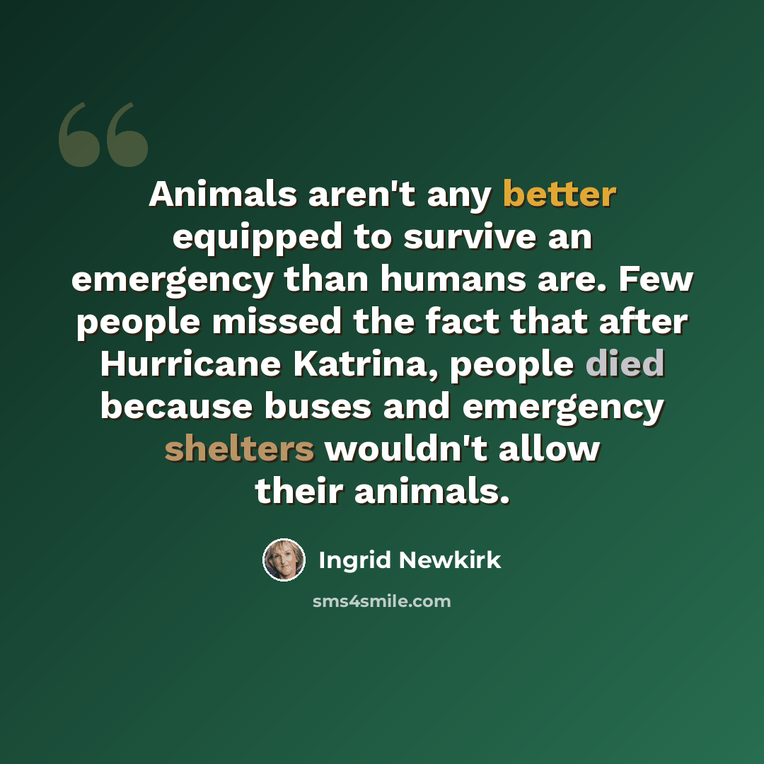 “Animals aren't any better equipped to survive an emergency than humans are. Few people missed the fact that after Hurricane Katrina, people died because buses and emergency shelters wouldn't allow their animals.” quote by Ingrid Newkirk