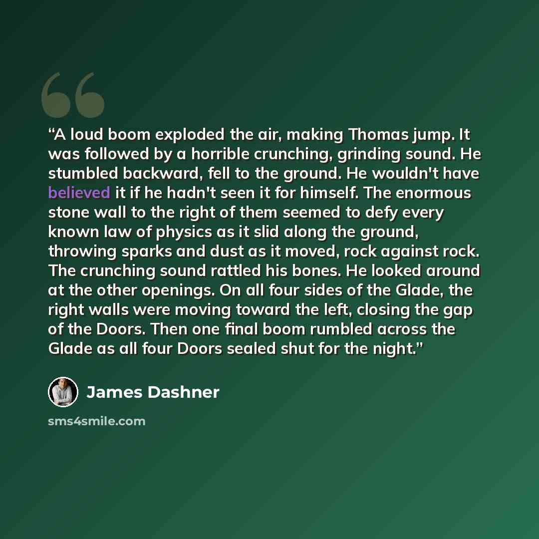 “A loud boom exploded the air, making Thomas jump. It was followed by a horrible crunching, grinding sound. He stumbled backward, fell to the ground. He wouldn't have believed it if he hadn't seen it for himself. The enormous stone wall to the right of them seemed to defy every known law of physics…” quote by James Dashner