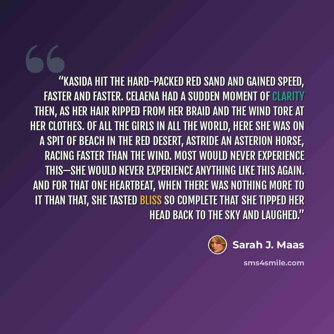 “Kasida hit the hard-packed red sand and gained speed, faster and faster. Celaena had a sudden moment of clarity then, as her hair ripped from her braid and the wind tore at her clothes. Of all the girls in all the world, here she was on a spit of beach in the Red Desert, astride an Asterion horse…” quote by Sarah J. Maas