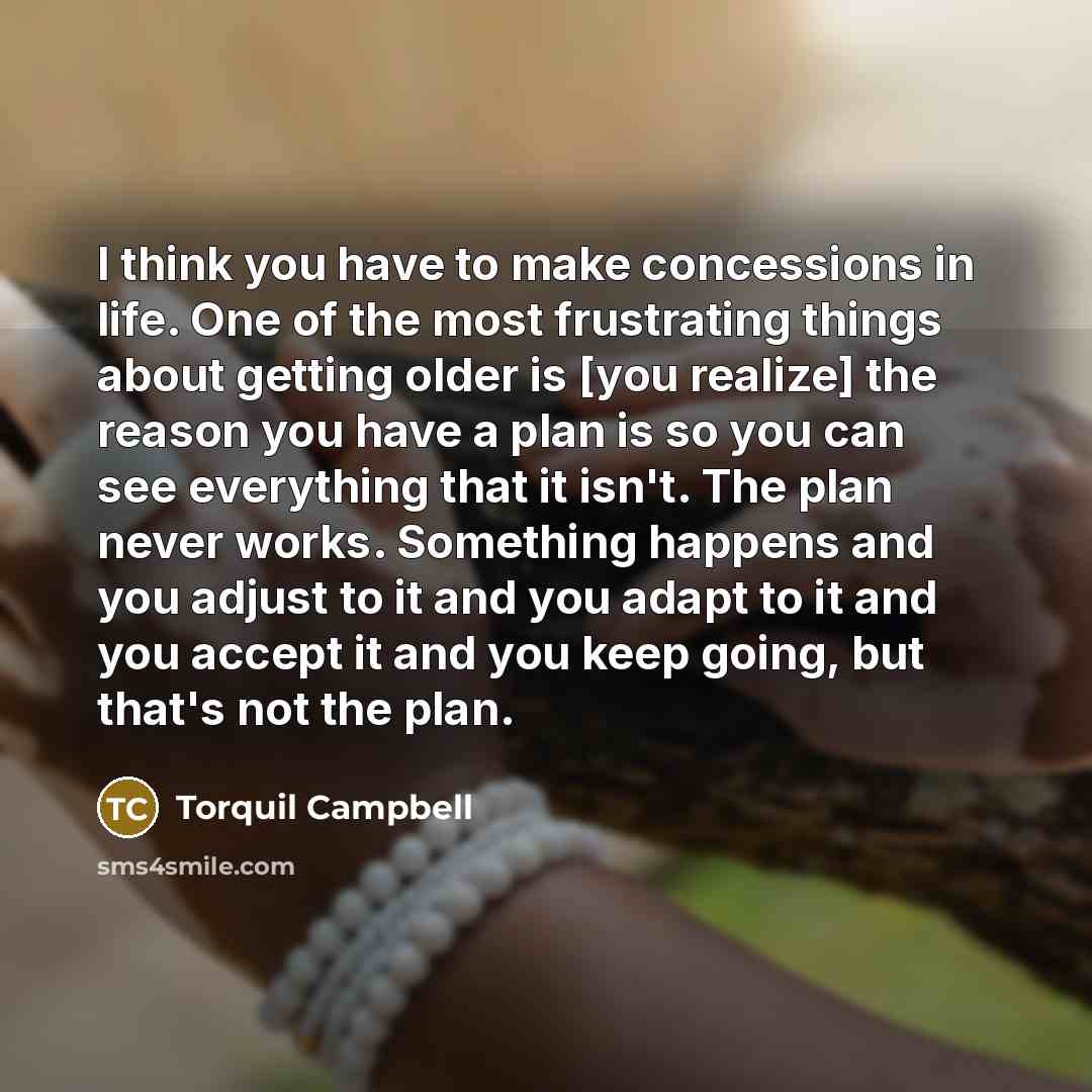 “I think you have to make concessions in life. One of the most frustrating things about getting older is [you realize] the reason you have a plan is so you can see everything that it isn't. The plan never works. Something happens and you adjust to it and you adapt to it and you accept it and you…” quote by Torquil Campbell