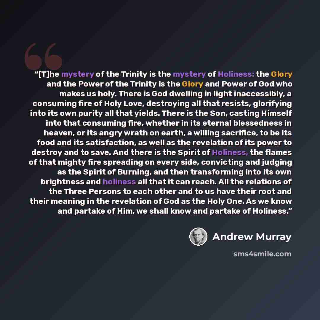 “[T]he mystery of the Trinity is the mystery of Holiness: the Glory and the Power of the Trinity is the Glory and Power of God who makes us holy. There is God dwelling in light inaccessibly, a consuming fire of Holy Love, destroying all that resists, glorifying into its own purity all that yields…” quote by Andrew Murray