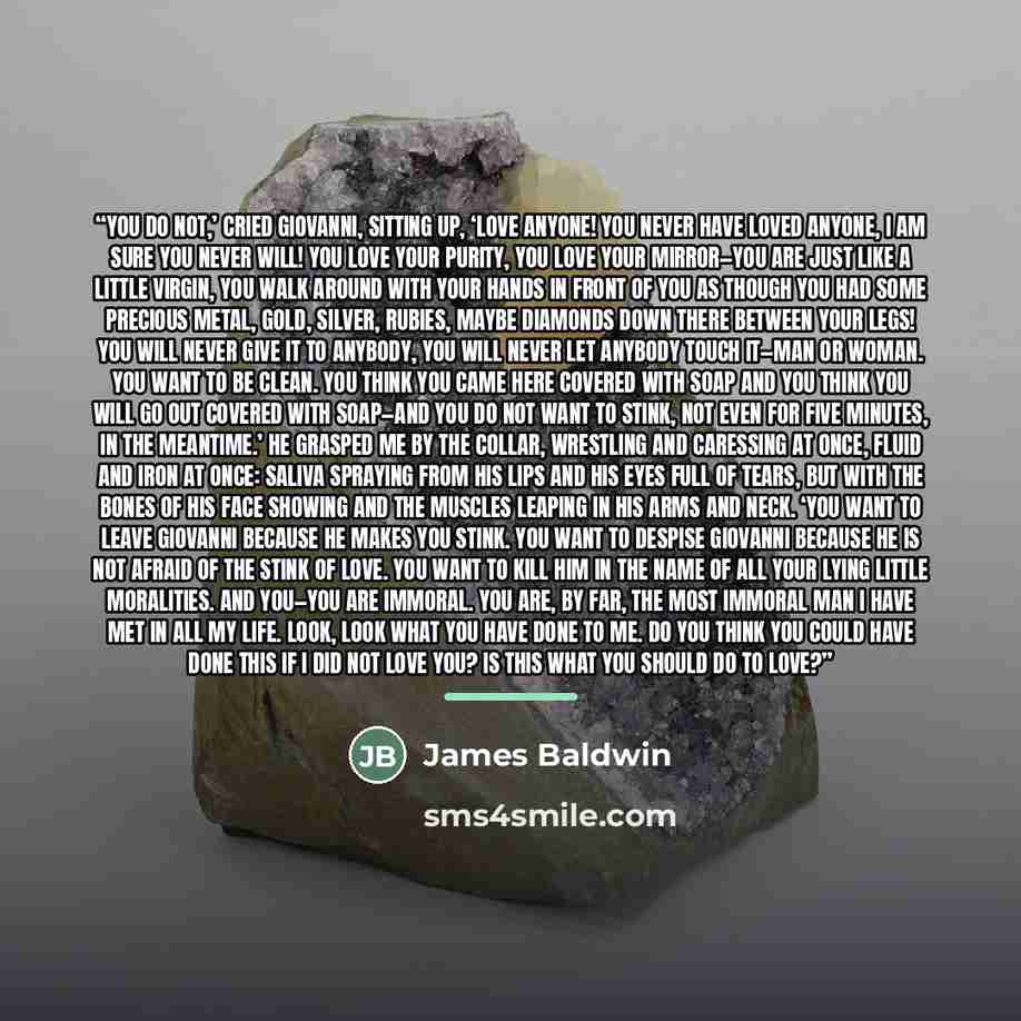 “You do not,’ cried Giovanni, sitting up, ‘love anyone! You never have loved anyone, I am sure you never will! You love your purity, you love your mirror—you are just like a little virgin, you walk around with your hands in front of you as though you had some precious metal, gold, silver, rubies…” quote by James Baldwin