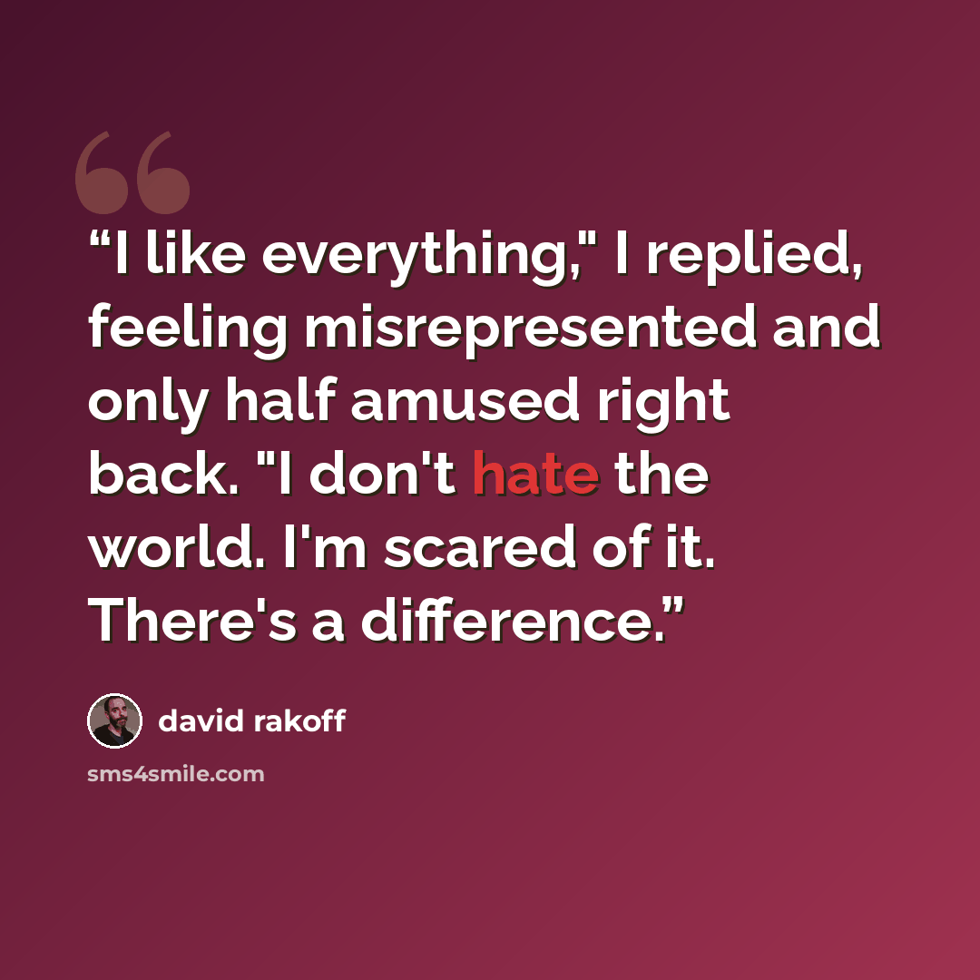 “I like everything," I replied, feeling misrepresented and only half amused right back. "I don't hate the world. I'm scared of it. There's a difference.” quote by David Rakoff