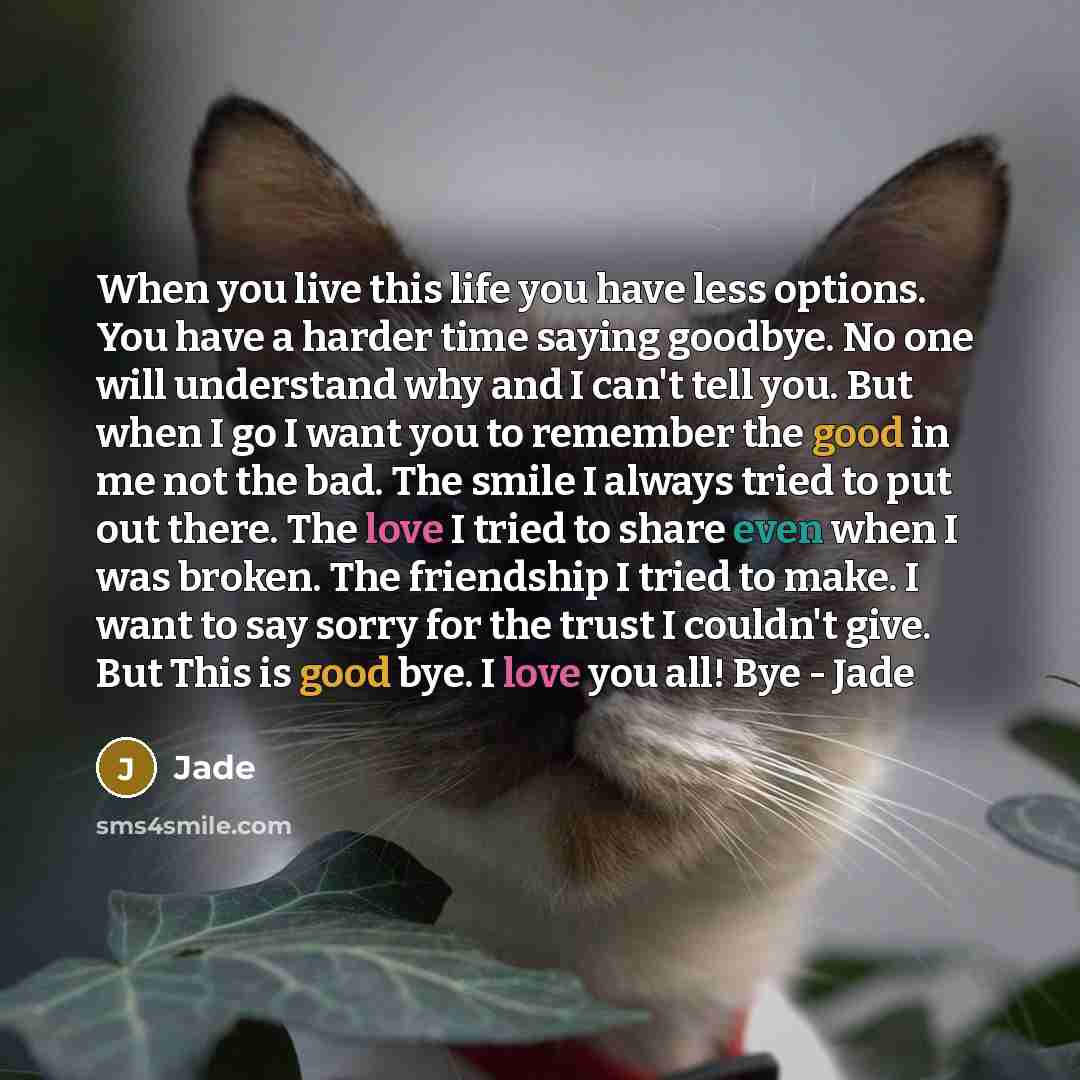 “When you live this life you have less options. You have a harder time saying goodbye. No one will understand why and I can't tell you. But when I go I want you to remember the good in me not the bad. The smile I always tried to put out there. The love I tried to share even when I was broken. The…” quote by Jade