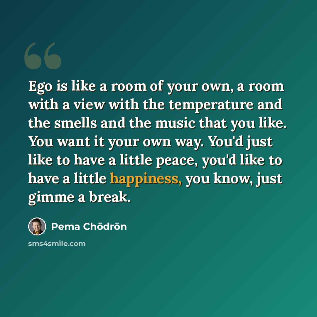 “Ego is like a room of your own, a room with a view with the temperature and the smells and the music that you like. You want it your own way. You'd just like to have a little peace, you'd like to have a little happiness, you know, just gimme a break.” quote by Pema Chodron