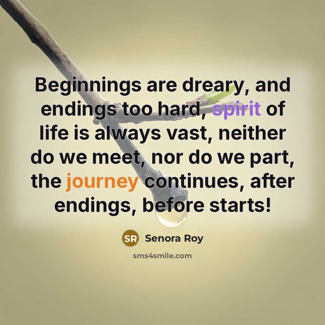 “Beginnings are dreary, and endings too hard, spirit of life is always vast, neither do we meet, nor do we part, the journey continues, after endings, before starts!” quote by Senora Roy