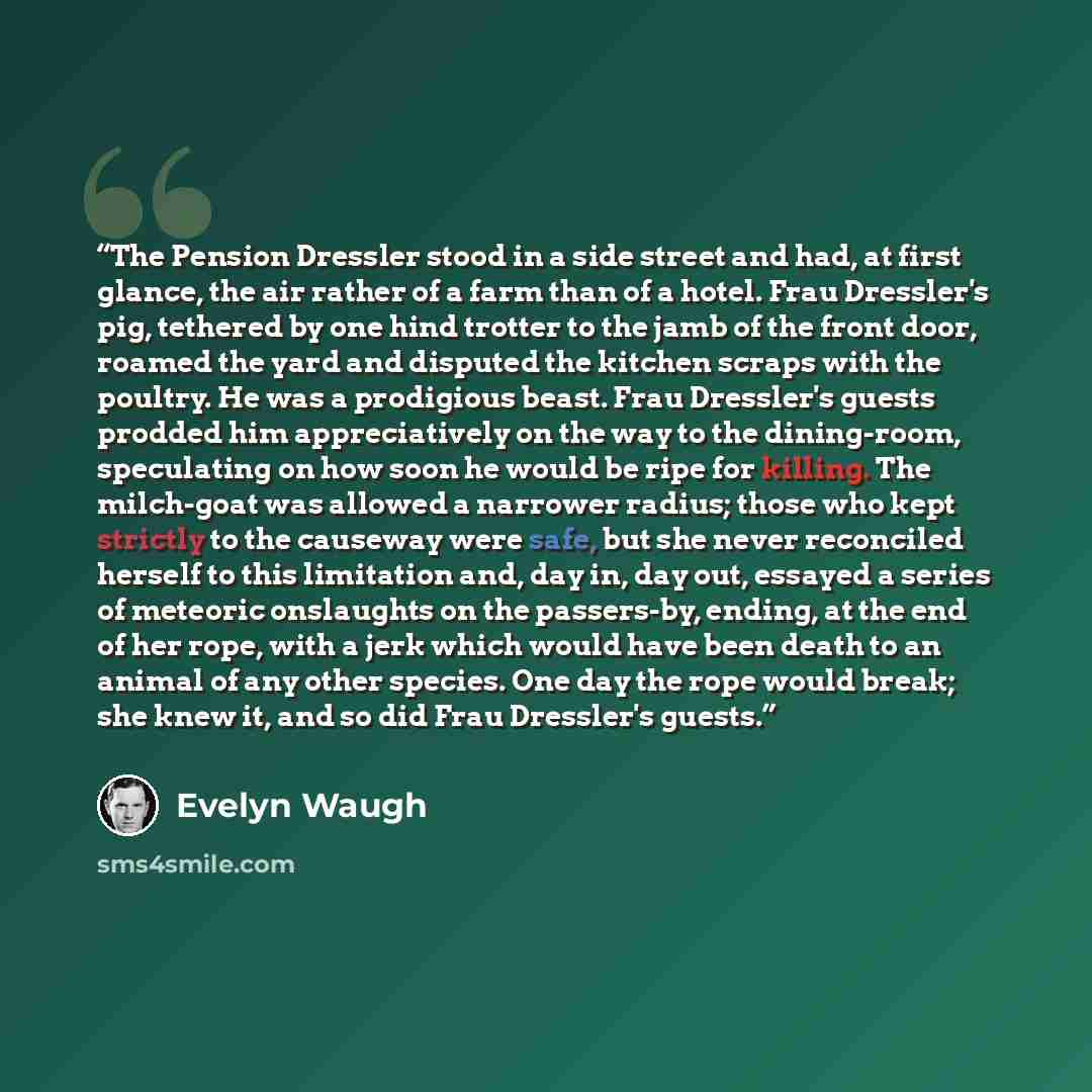 “The Pension Dressler stood in a side street and had, at first glance, the air rather of a farm than of a hotel. Frau Dressler's pig, tethered by one hind trotter to the jamb of the front door, roamed the yard and disputed the kitchen scraps with the poultry. He was a prodigious beast. Frau…” quote by Evelyn Waugh