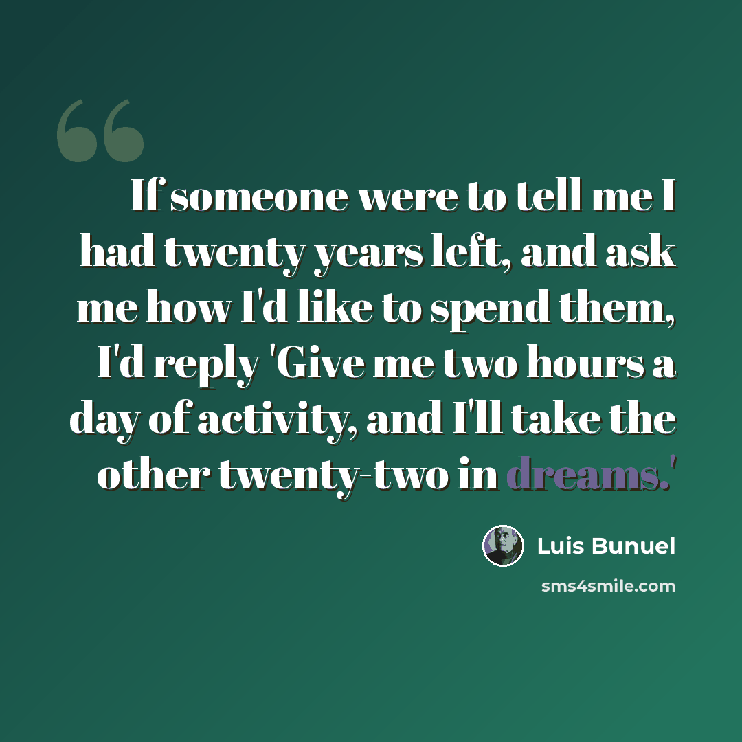 “If someone were to tell me I had twenty years left, and ask me how I'd like to spend them, I'd reply 'Give me two hours a day of activity, and I'll take the other twenty-two in dreams.'” quote by Luis Bunuel