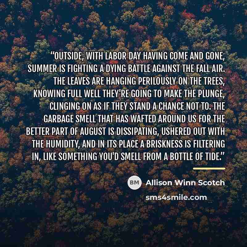 “Outside, with Labor Day having come and gone, summer is fighting a dying battle against the fall air. The leaves are hanging perilously on the trees, knowing full well they're going to make the plunge, clinging on as if they stand a chance not to. The garbage smell that has wafted around us for…” quote by Allison Winn Scotch