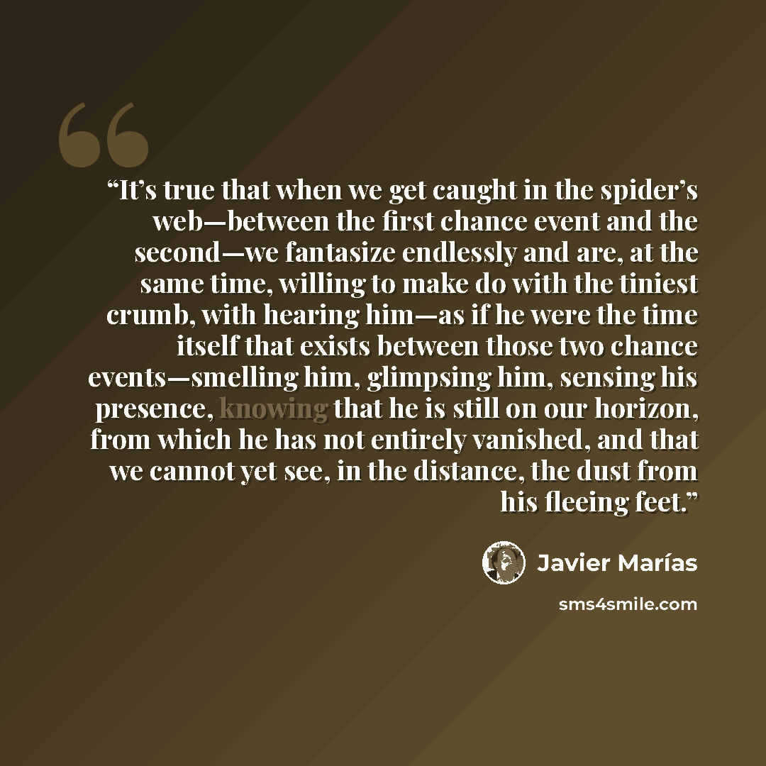 “It’s true that when we get caught in the spider’s web—between the first chance event and the second—we fantasize endlessly and are, at the same time, willing to make do with the tiniest crumb, with hearing him—as if he were the time itself that exists between those two chance events—smelling him…” quote by Javier Marías