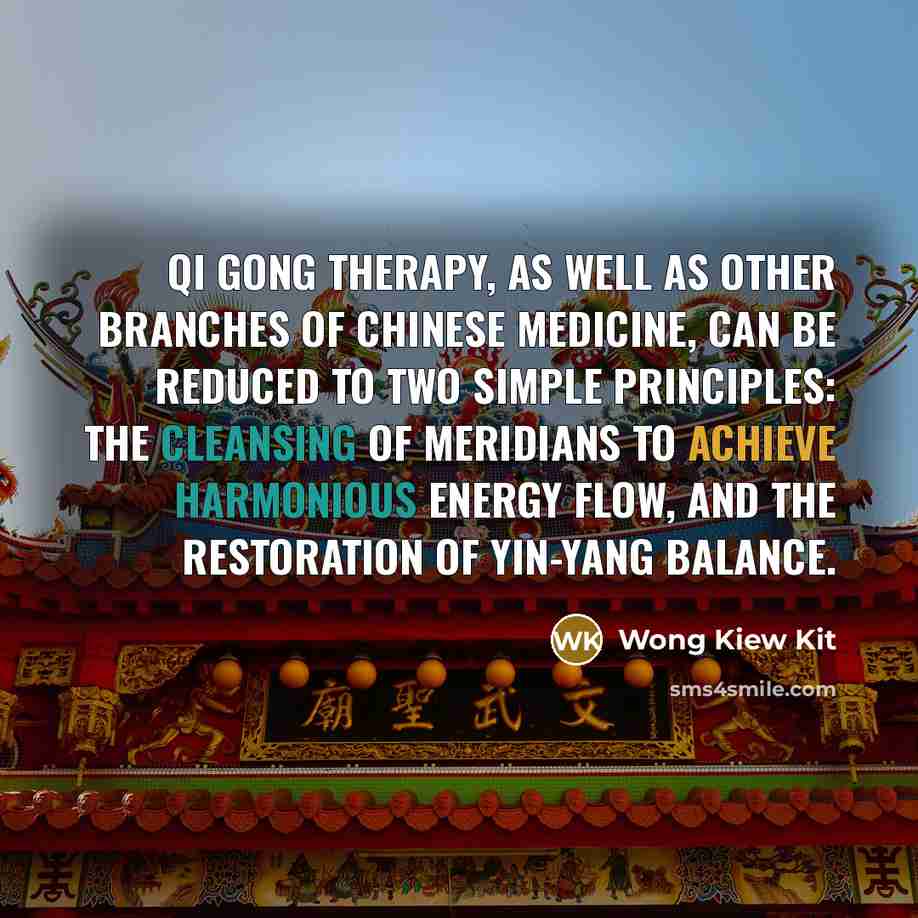 “Qi gong therapy, as well as other branches of Chinese medicine, can be reduced to two simple principles: the cleansing of meridians to achieve harmonious energy flow, and the restoration of yin-yang balance.” quote by Wong Kiew Kit