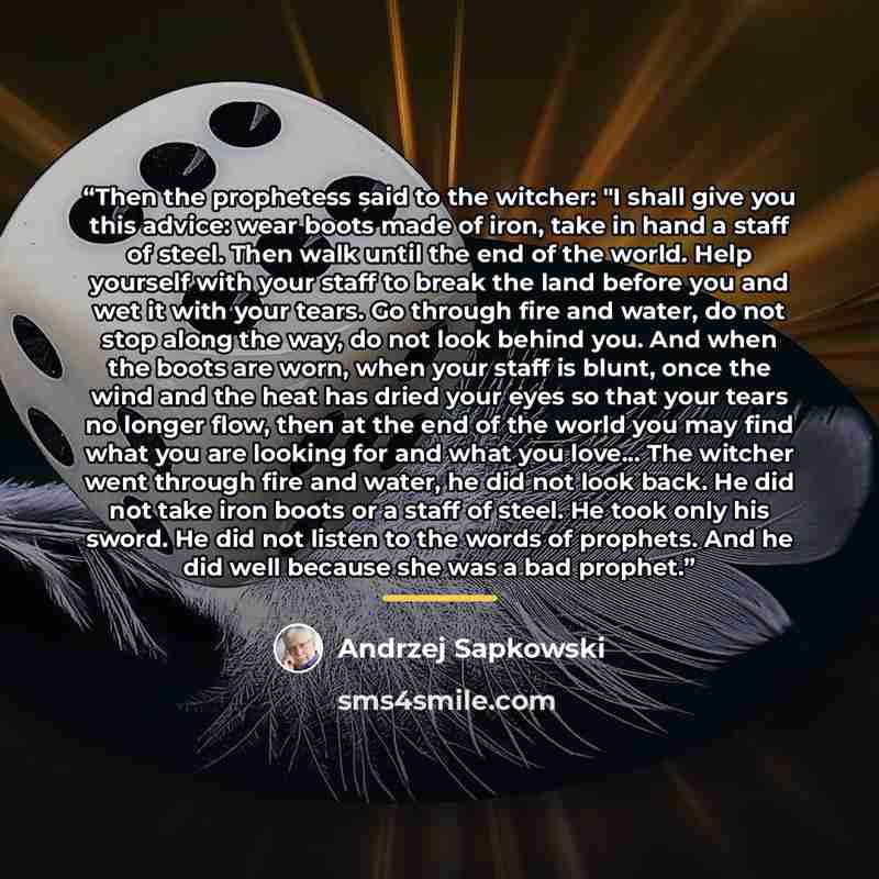 “Then the prophetess said to the witcher: "I shall give you this advice: wear boots made of iron, take in hand a staff of steel. Then walk until the end of the world. Help yourself with your staff to break the land before you and wet it with your tears. Go through fire and water, do not stop along…” quote by Andrzej Sapkowski