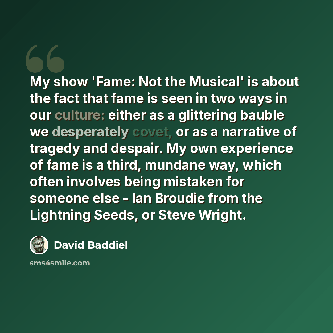 “My show 'Fame: Not the Musical' is about the fact that fame is seen in two ways in our culture: either as a glittering bauble we desperately covet, or as a narrative of tragedy and despair. My own experience of fame is a third, mundane way, which often involves being mistaken for someone else…” quote by David Baddiel