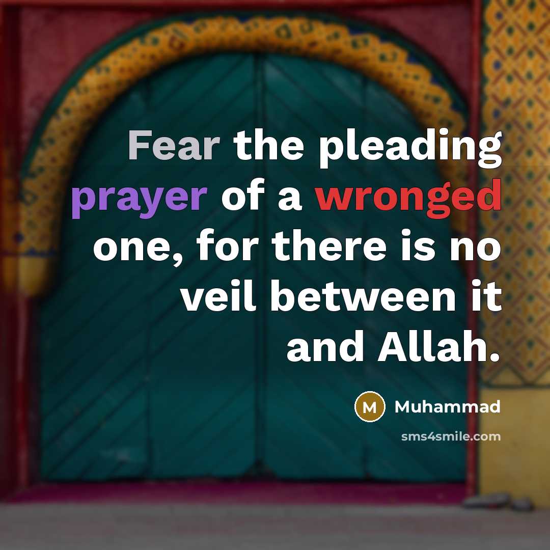 “Fear the pleading prayer of a wronged one, for there is no veil between it and Allah.” quote by Muhammad