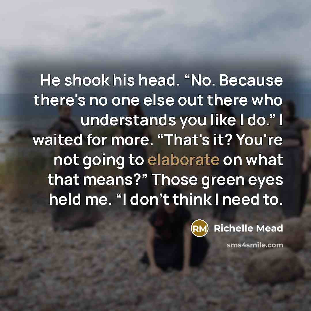 “He shook his head. “No. Because there's no one else out there who understands you like I do.” I waited for more. “That's it? You're not going to elaborate on what that means?” Those green eyes held me. “I don't think I need to.” quote by Richelle Mead